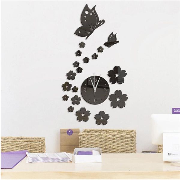 

wall clocks 3d mirror clock diy crystal watch home decoration, reloj de pared 2 butterfly and 17 flowers