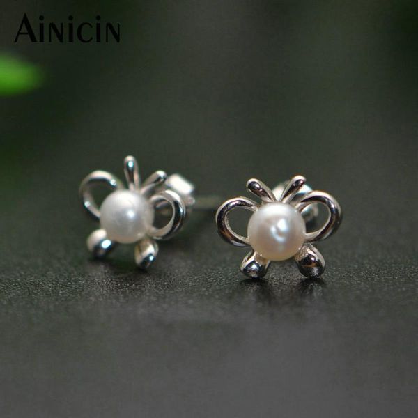 

stud s925 sterling silver bowknot butterfly earrings 5mm natural freshwater pearl lovelry cute gift for women korean jewelry, Golden;silver