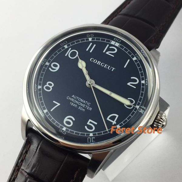 

corgeut 41mm mens waterproof watch sier case blue dial luminous hands leather strap automatic mechanical wristwatches, Slivery;brown