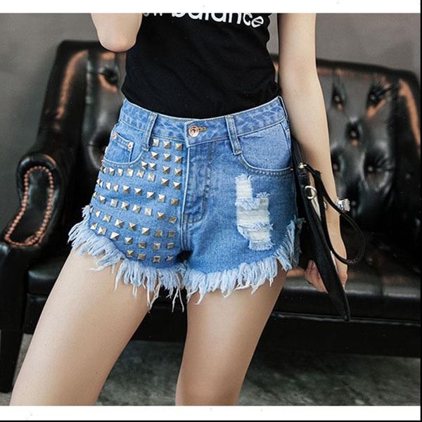 

women chic rivet shorts loose casual empire denim shorts jeans women zipper fly tassels wide leg shorts cotton denim 2021, White;black