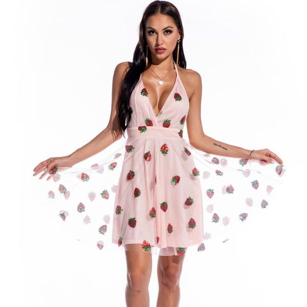 

party dresses short homecoming v-neck halter a line mini pink sling strawberry sequin holiday vocation dress ysan1137, White;black