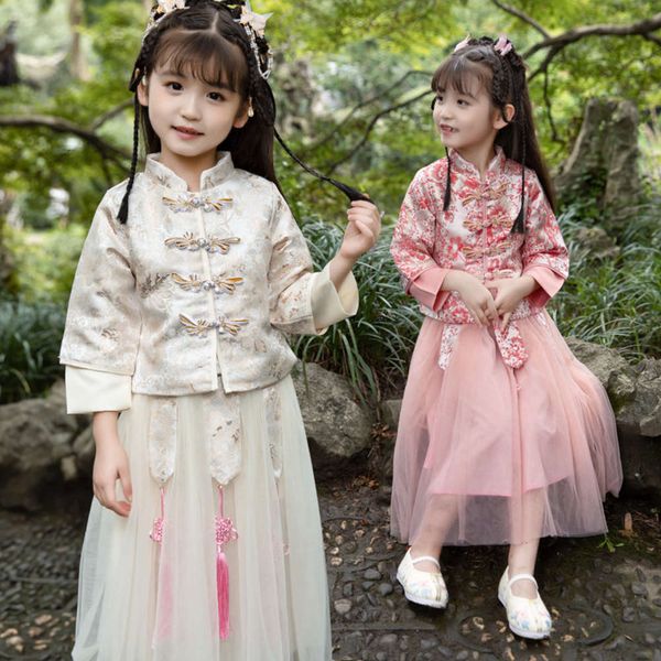 

girls' spring children's 2021 brocade open button peony suit, White