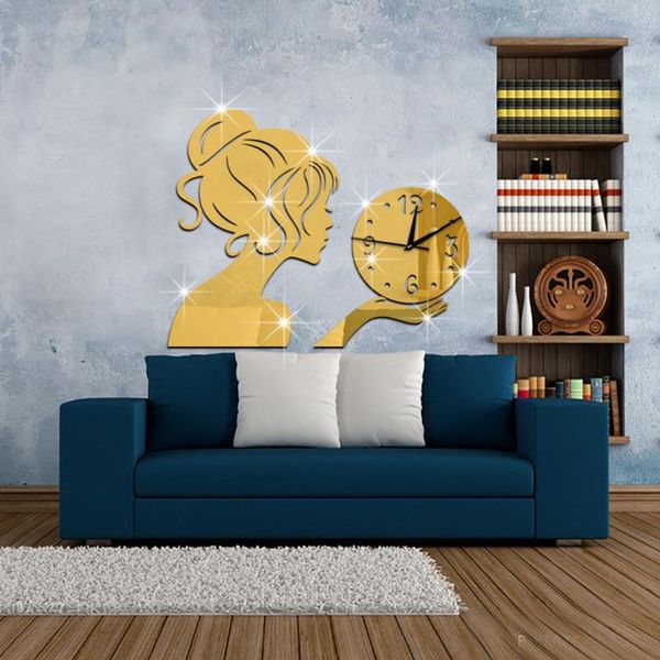 

wall clocks three-dimensional girl dragging clock pattern mute diy acrylic mirror study room porch home decorative