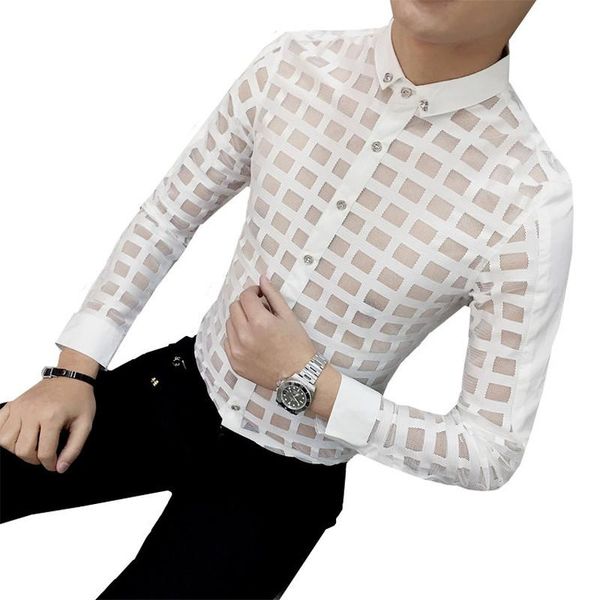 

new male god lace perspective wear men's slim long sleeve shirt singer costumes lattice transparent party night club blouse, White;black