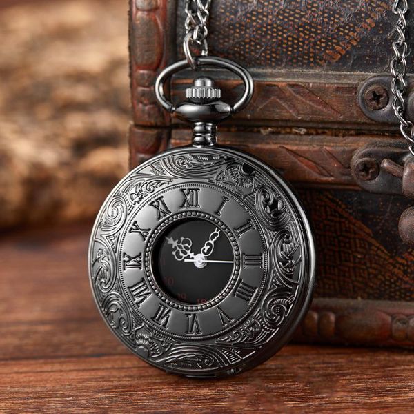 

pocket watches black roman numerals quartz watch men women hollow case steampunk vintage pendant necklace gifts for, Slivery;golden