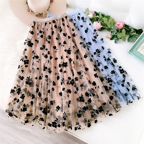 Floral cintura alta cintura plissada longa saia de tule mulheres verão a linha tutu saias mulheres elegante preto branco azul 210310