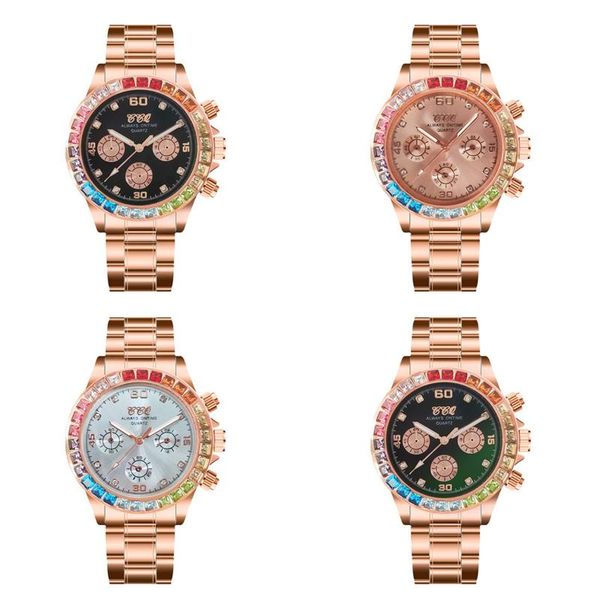 

wristwatches bling rainbow diamond rhinestone gold color hip hop watch for men women 316l stainless steel quartz wristwatch gifts, Slivery;brown