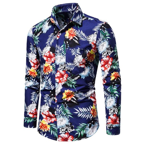

2021 men's new hawaiian style printed shirt long sleeve stylish beach flower shirt, White;black