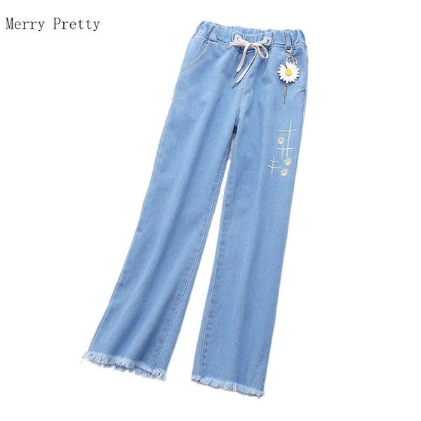 

blue minimalist washed casual wide leg pants floral embroidery denim jeans women 2021 spring elastic waist ladies trousers