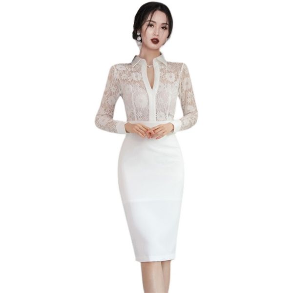 

white lace tight dress korean ladies summer long sleeve party sheath shirt dresses for women clothing 210602, Black;gray