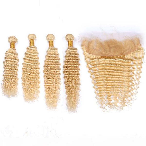 

deep wave #613 blonde indian virgin human hair weave bundles 4pcs with part frontal closure bleach blonde 13x4 lace frontal with weaves, Black;brown