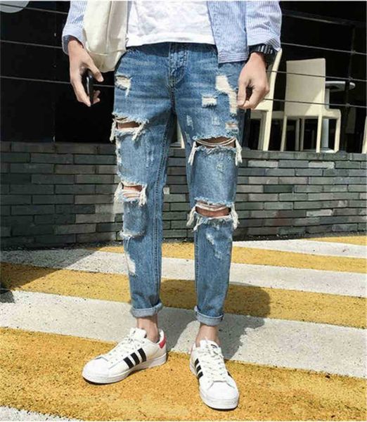

men's jeans jeans elastic cotton stretch pants loose fit denim trousers brand fashion wear and p91g, Blue