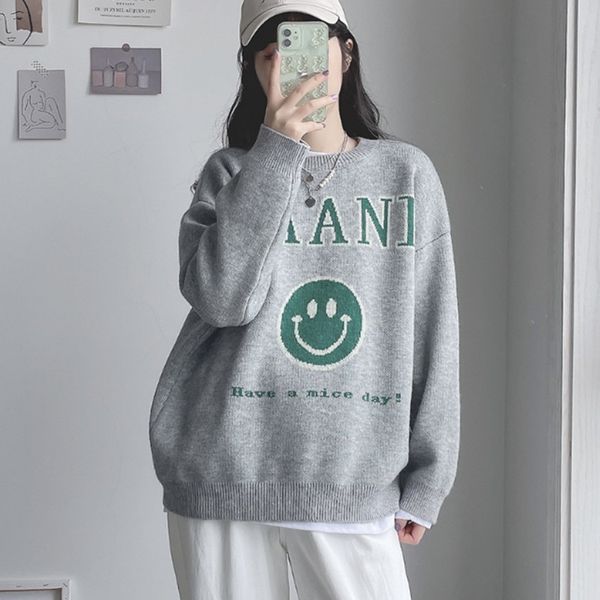 

sweater women's loose outer wear new french lazy wind smiling face pullover soft waxy knitted in autumn and winter 2021, White;black