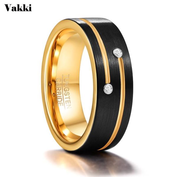 

wedding rings vakki men ring 8mm black tungsten steel with two gold grooves inlaid 2 zircons male jewelry, Slivery;golden