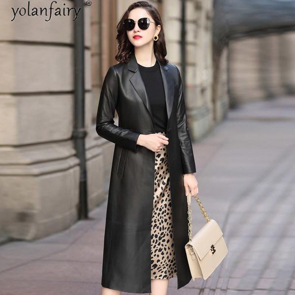 

women's leather & faux long genuine jackets women spring autumn 2021 100% sheepskin coat female fashion trench clothes, Black