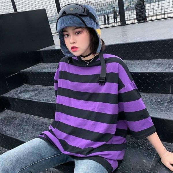 

women's t-shirt fashion hip hop women loose summer oversize striped o-neck female tees purple funny japan harajuku t shirt femme, White