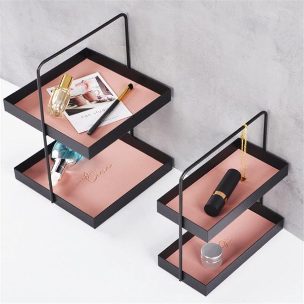 

kitchen storage & organization double layer leather metal tray makeup cosmetic sundries organizer rack box jewelry display home deskdeco