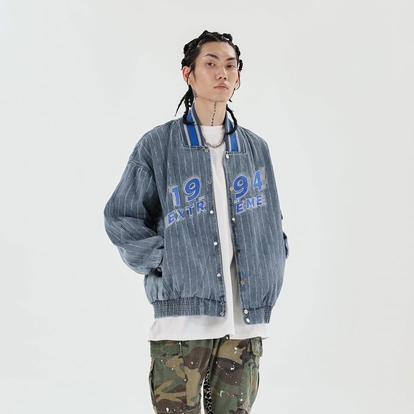 

men's jackets harajuku strip digital number baseball uniform jeans men and women stand loose casual denim coats oversize hip hop c, Black;brown