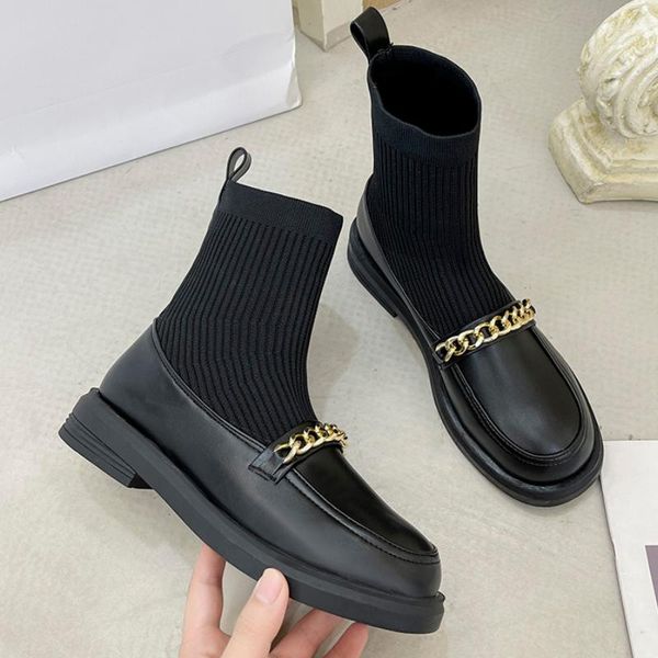 

boots 2021 autumn winter stretch socks women retro round toe leather shoes fashion low heels ankle short, Black