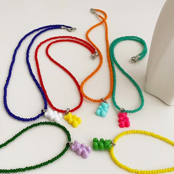 

pendant necklaces korea ins candy color resin bear accrylic beaded minimalist necklace for women clavicle chain jewelry accessories, Silver