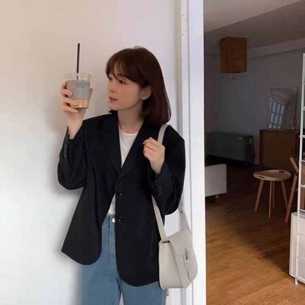 

new female vintage autumn office ladies notched collar solid women blazer breasted jacket casual pockets female suits coat, White;black