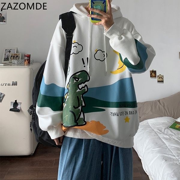 ZAZOMDE Uomo Cartoon Dinosaur Stampato Felpe con cappuccio a maniche lunghe Felpe in pile Uomo Inverno Hip Pop con cappuccio Pullover oversize Uomo 201113