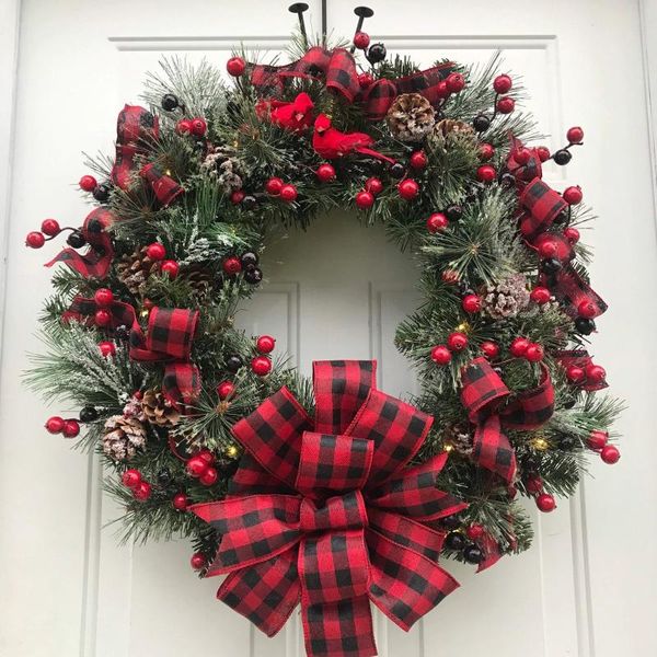 

decorative flowers & wreaths christmas wreath window door wall decoration venue layout props hanging red plaid home decor