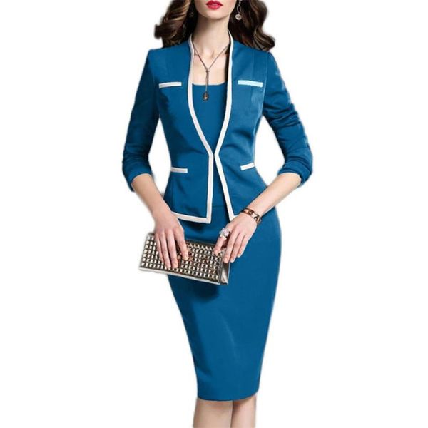 

dropshipping 2021 office lady stand collar long sleeve fake two-piece knee-length bodycon dress plus size, Black;gray