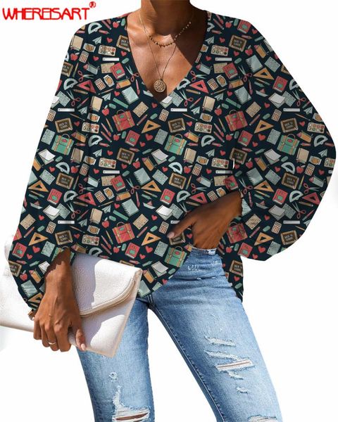 

women's blouses & shirts whereisart women oversize v-neck loose blouse math print feminine lantern sleeve casual summer beach blusas mu, White