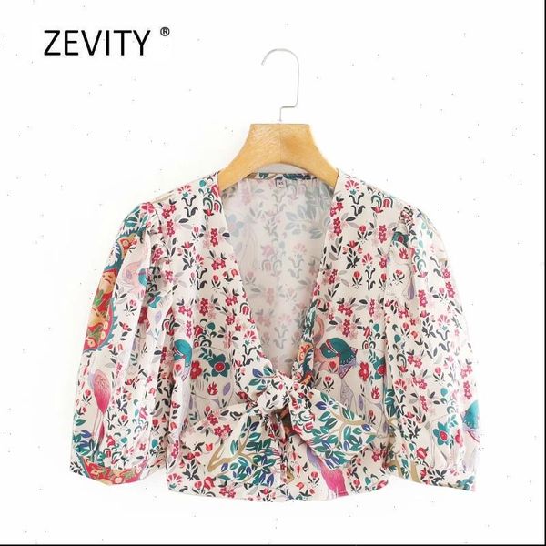 

zevity 2021 women tropical flower print bow tied short kimono blouse ladies v neck puff sleeve chic shirts femininas ls6817, White