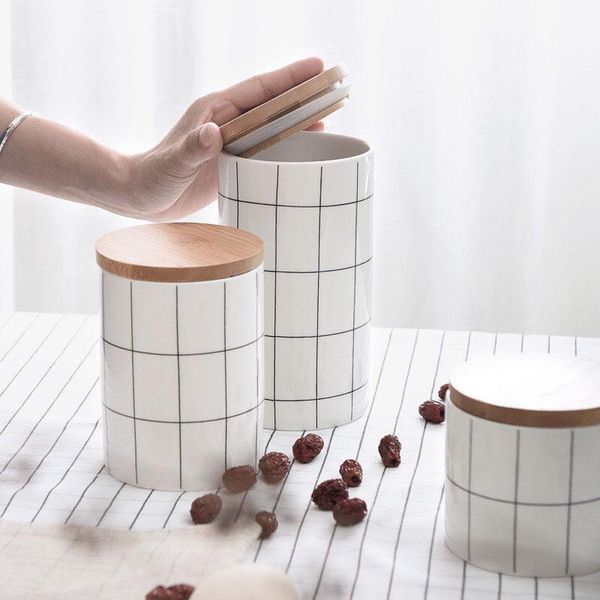 

storage bottles & jars round ceramic sealed jar bottle with lid checkered kitchen simple environmental protection nordic style