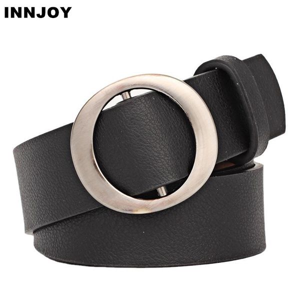 

women's non-hole belts metal round buckle leather belt simple retro fashion casual wide belt for female students, Black;brown