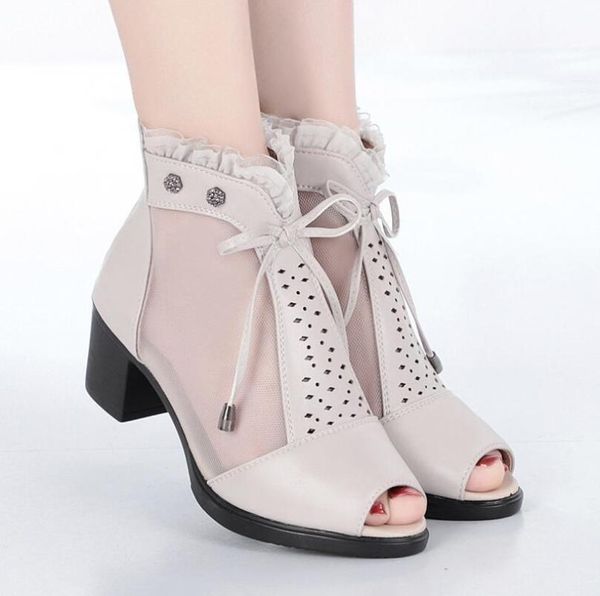 

sandals style fashion genuine leather summer roman round head thick with zipper high heel women's shoes, Black