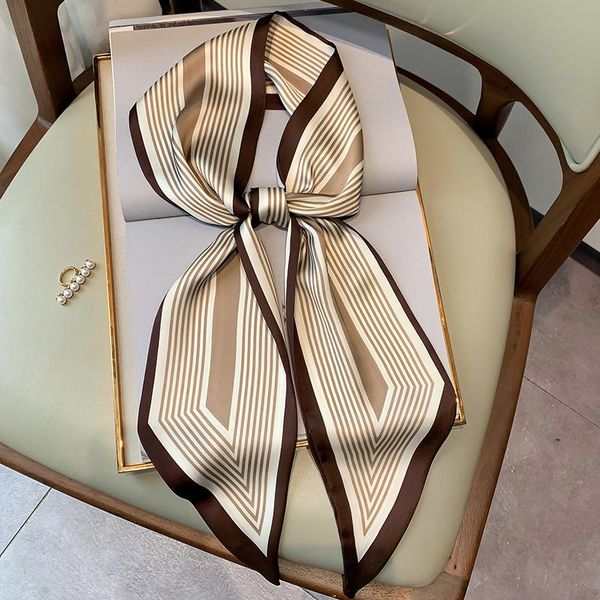 

scarves 2021 women's skinny neck tie scarf stripe female silk hair hand bag handle scarfs for ladies handbag ribbons, Blue;gray