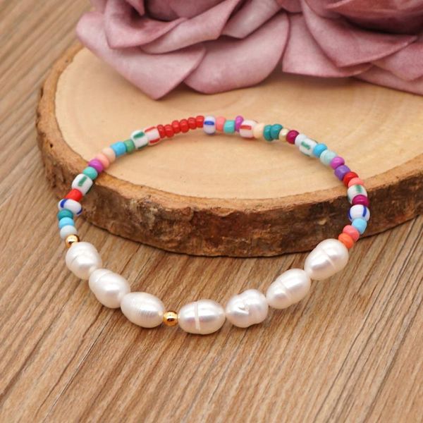 

beaded, strands bohemian seaside beach style colored rice beads baroque natural freshwater pearl beaded small bracelet women bracelets, Black
