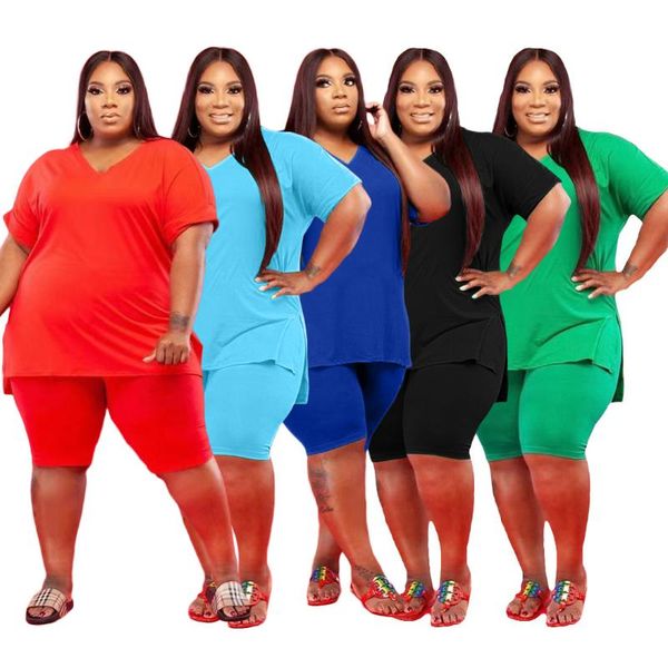 

plus size tracksuits 2021 summer fashion women's v-neck large l-4xl pure color casual sports suit 5 spot, Black