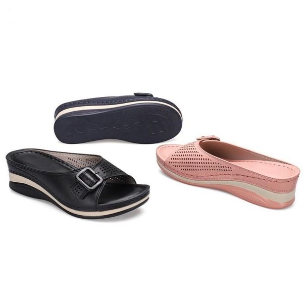 

slippers fretwork heels shoes rubber flip flops women summer peep toe pantofle low slides on a wedge hawaiian 2021 soft rome pu, Black