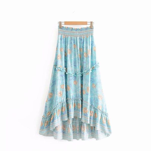 

skirts femme vintage chic summer fashion women floral peacock print beach bohemian skirt high elastic waist maxi a-line boho, Black
