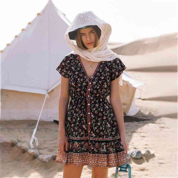 

spring / summer 2020 new beach skirt printed single breasted v-neck short sleeve bohemian women's dress, Black;gray