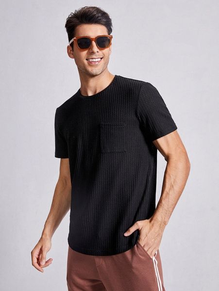 

men pocket patched waffle knit roll sleeve tee 19nk#, White;black