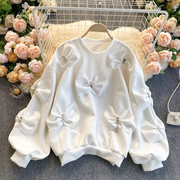 

2021 New Women's spring design sense diamond bowknot puff sleeve all-match pullover sweater HJ9L IE4W XZYH, Black