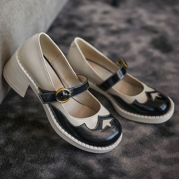 

Womens genuine leather thick high heel metal buckle mary jane pumps round toe mix color patchwork Japanese retro style shoes, Beige