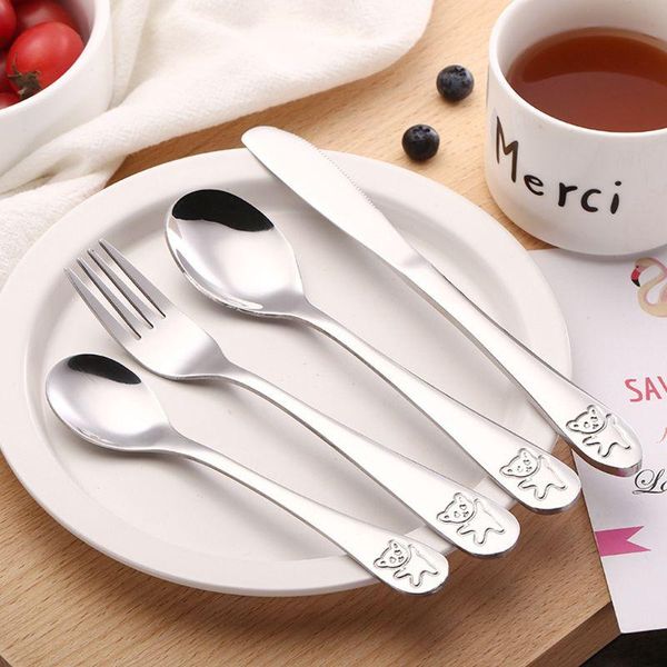 

cups, dishes & utensils 4pcs/set baby teaspoon spoon food feeding fork knife set stainless steel kids learning eating habit children tablewa