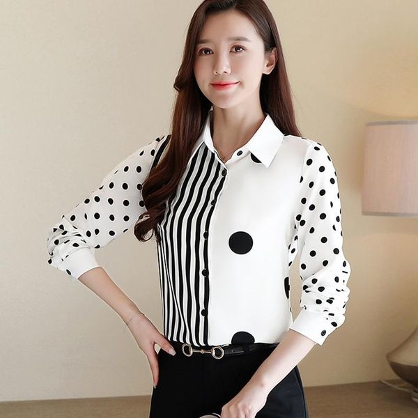 

women's blouses & shirts ladies shirt 2021 long sleeve polka dot striped chiffon blouse women casual patchwork turn-down collar work, White