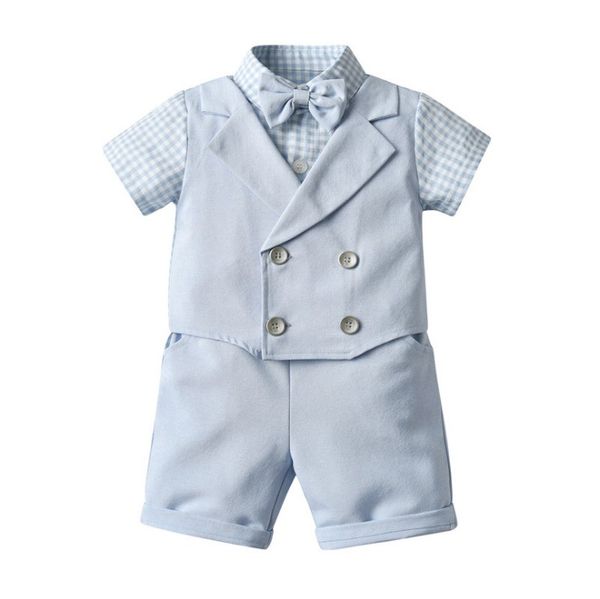 

Two-piece Set for Baby Boys Gentleman Style Clothing Sets Summer Boy Short Sleeve Plaid Shirt with Bowtie+shorts Kids Suits Children Outfits 1-6 Years, Sky blue