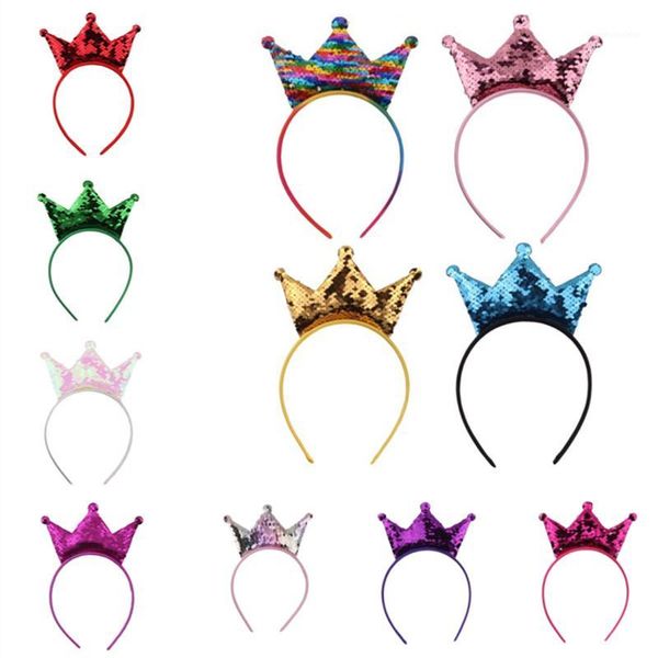 10 pz/lotto Moda Arcobaleno Reversibile Con Paillettes Corona Fasce Per Capelli Per La Ragazza Doppi Lati Della Fascia Accessori Per Capelli Fatti A Mano Per I Bambini1