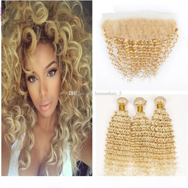 

deep wave blonde hair with lace frontal 13x4 blonde #613 bundles with frontal closure brazilian virgin human hair extension 4pcs lot, Black;brown
