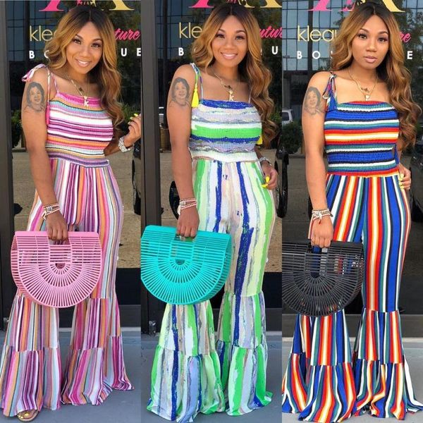 

women's jumpsuits & rompers adfvat colorful striped patchwork casual women sleeveless spaghetti strap wide leg romper h1181, Black;white