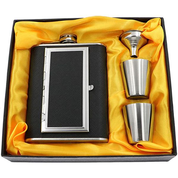 

frasco portátil cuero sintético acero inoxidable, a prueba de fugas, con funda puros, embudo y dos vasos para beber