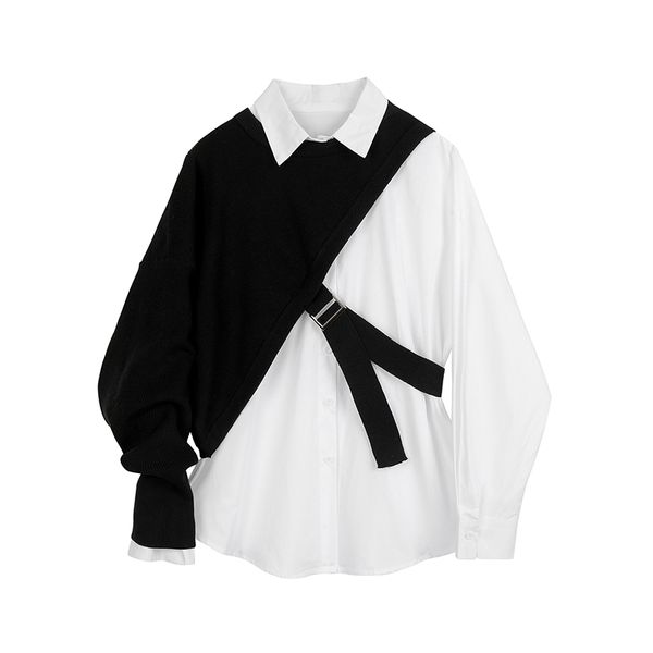 

2021 new casual fashion suit women autumn knitted shawl + white shirt 2-piece set typw, White;black